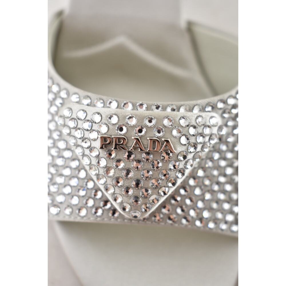 Prada Crystal Satin Stiletto Perla White Grey Backless Sandal Mule Heel Pump 36 - Picture 12 of 16